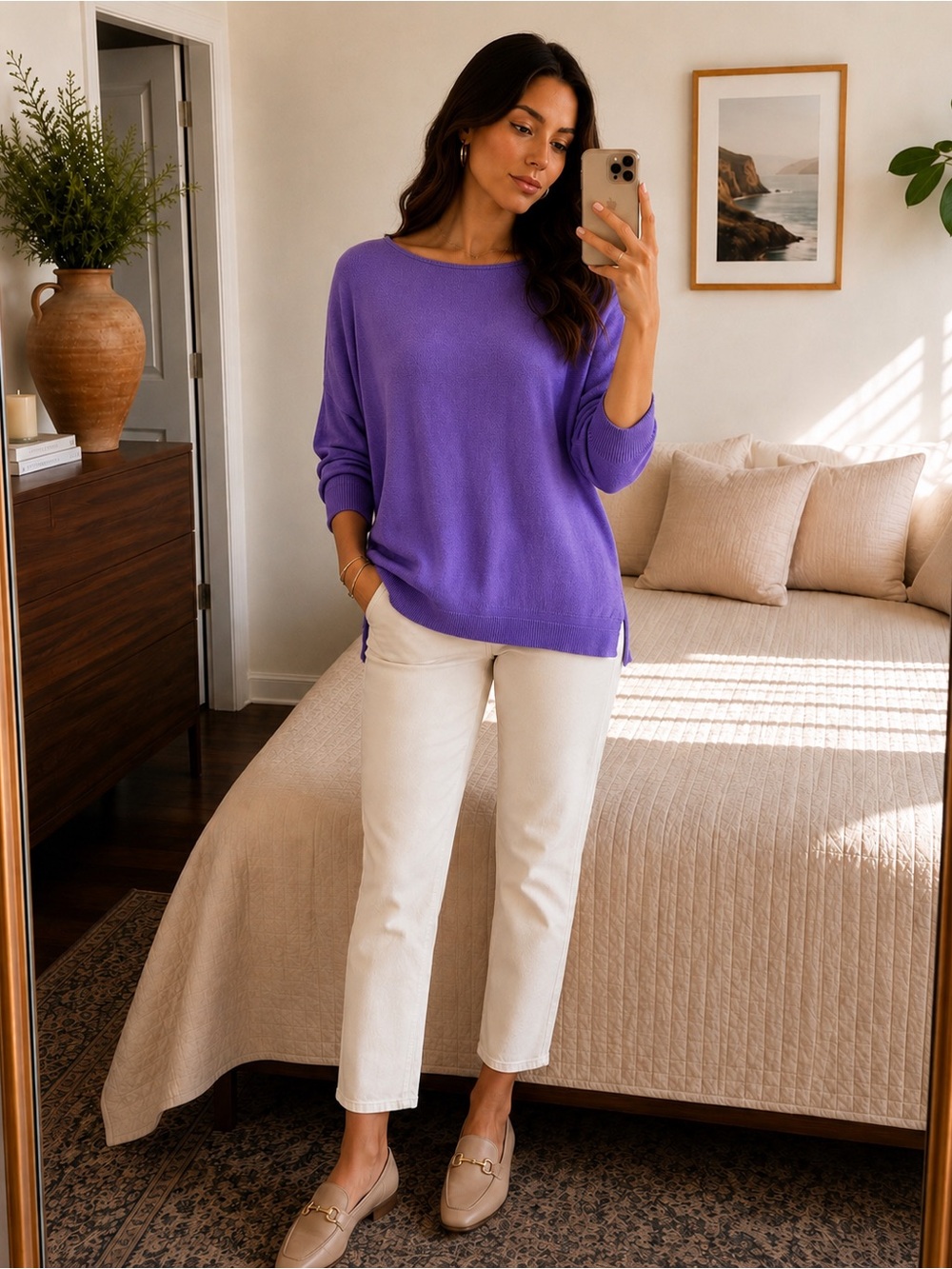 Eileen Fisher Dolman Sleeve Roll Neck Cotton Cashmere Sweater Purple Large